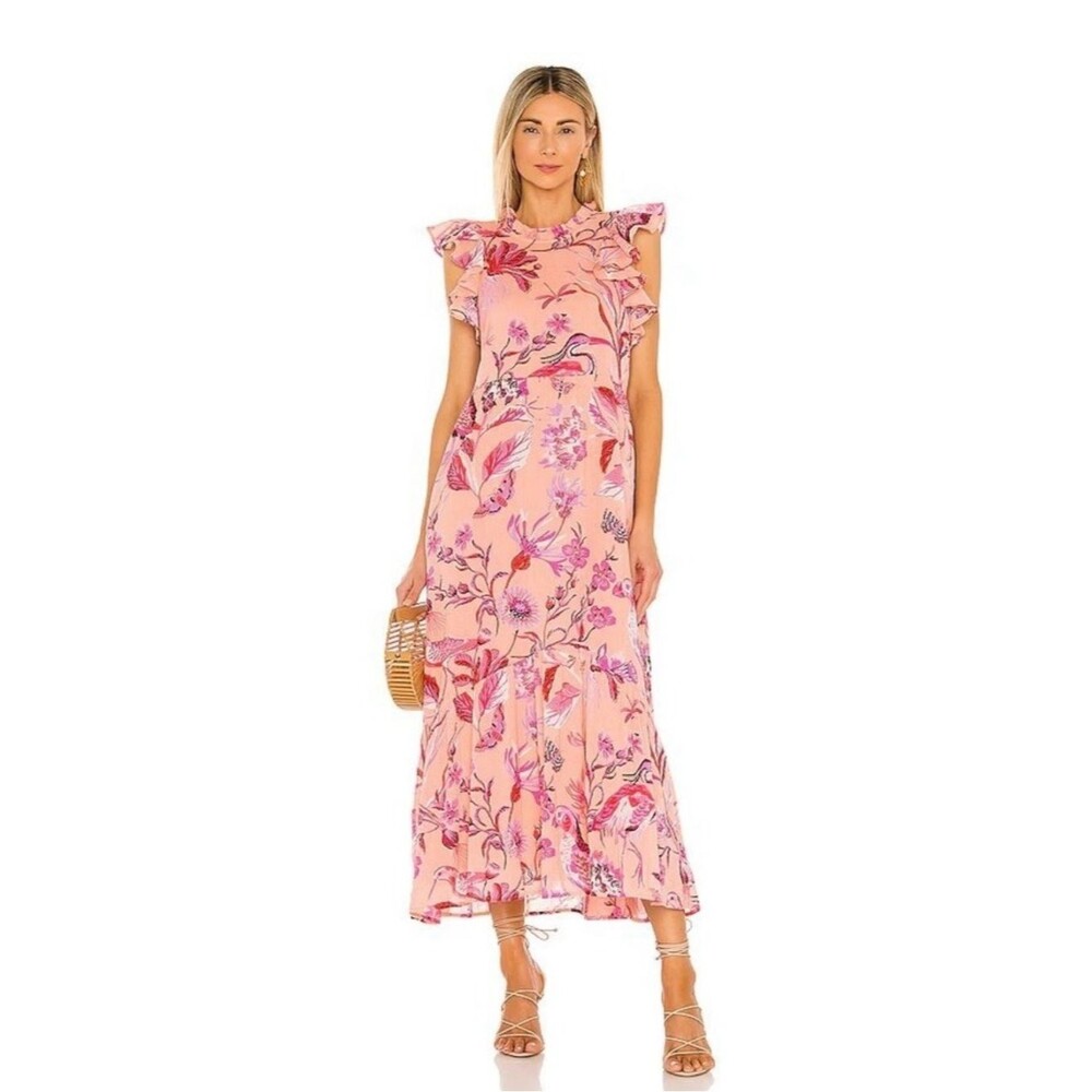 Banjanan Hanna Ruffle Sleeve Cotton Maxi Dress Jubilee Apricot Blush Size Small